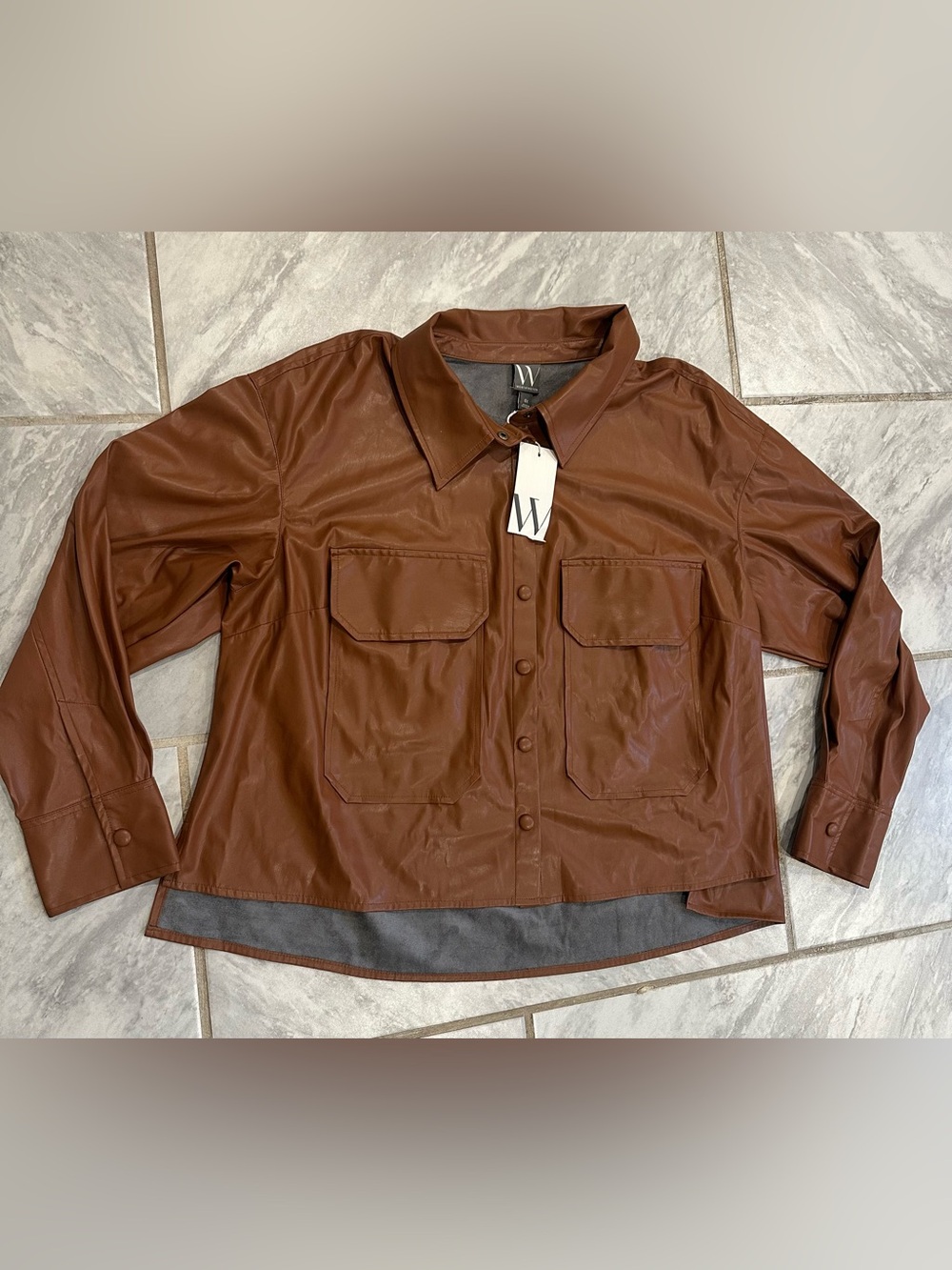 NWT Worthington Womens Brown Faux Leather Button Front Collared Jacket 0X